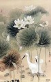 Egret in waterlily pond old Chinese